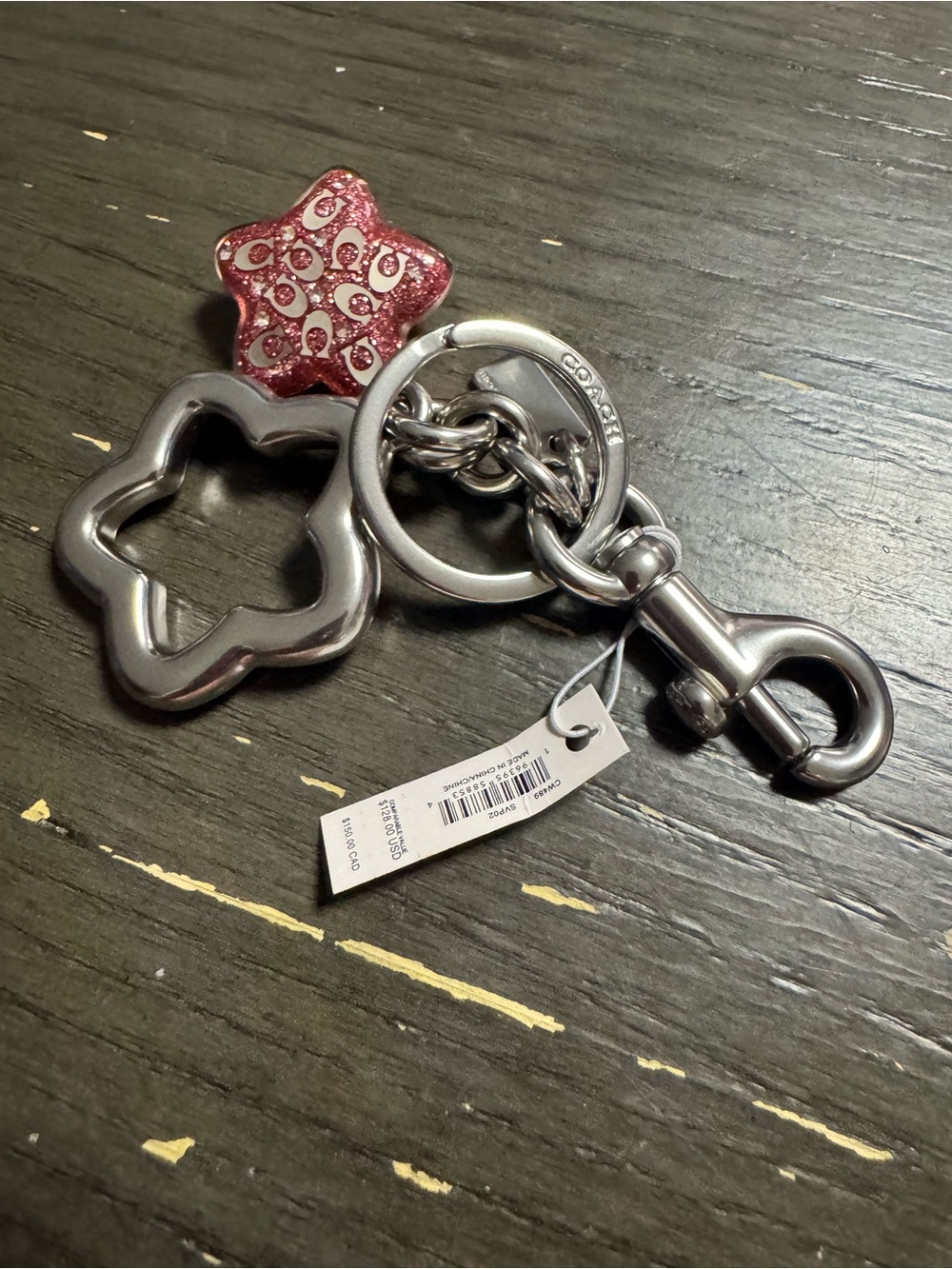 Coach Silver-Tone Star Key Fob with Pink Glitter Logo Charm